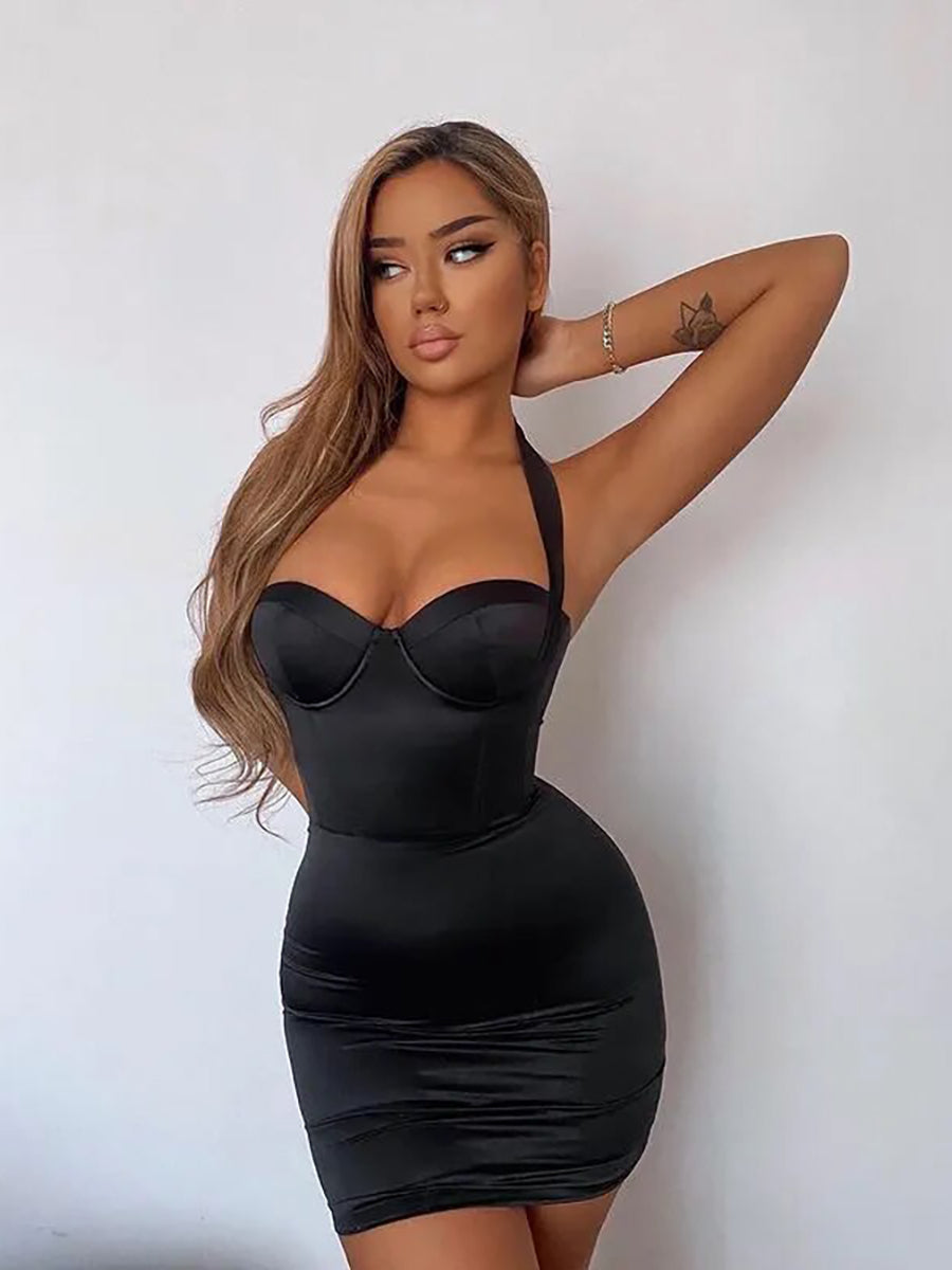 Satin Backless Sleeveless Bodycon Mini Dress Rown