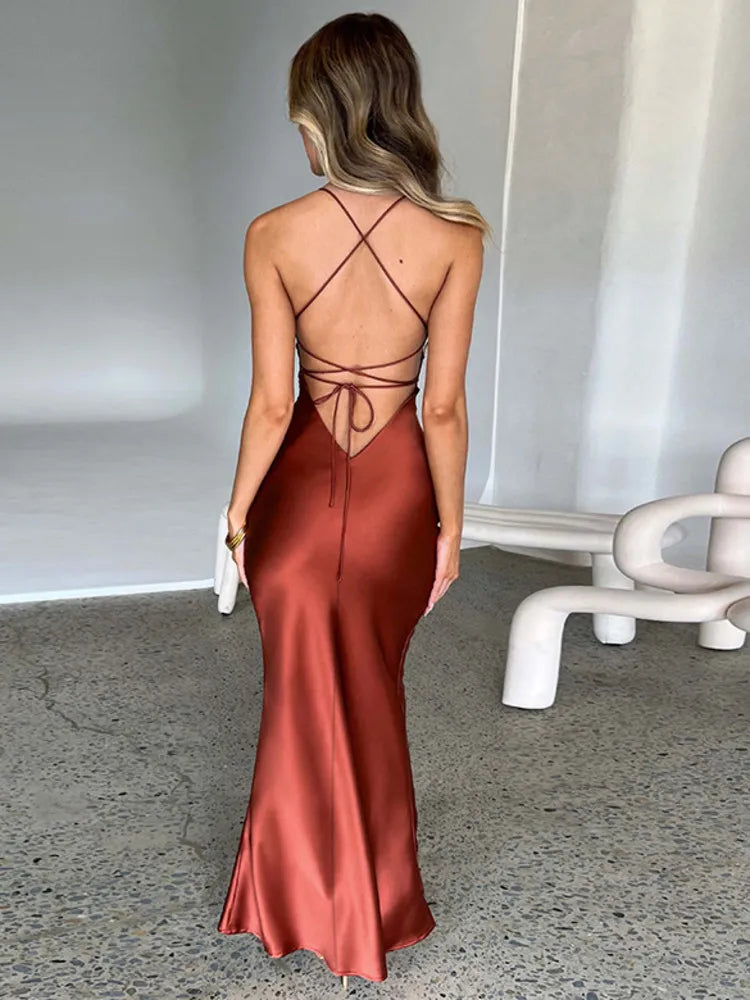 Satin Backless Spaghetti Strap Bodycon Maxi Dress Rown