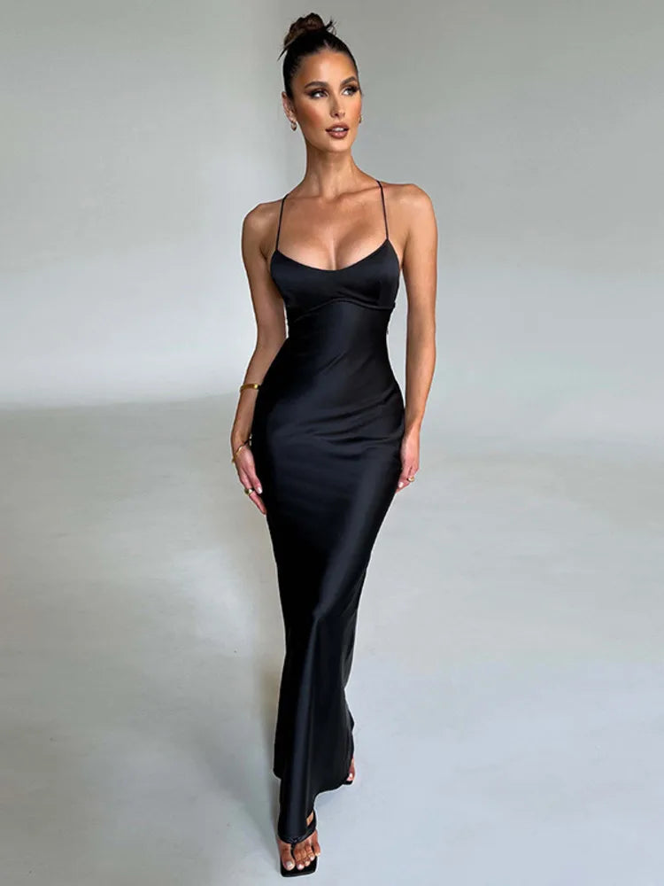 Satin Backless Spaghetti Strap Bodycon Maxi Dress Rown