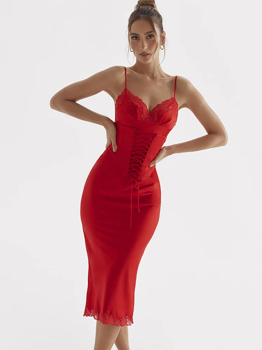 Satin Lace Spaghetti Strap Bodycon Midi Dress Rown