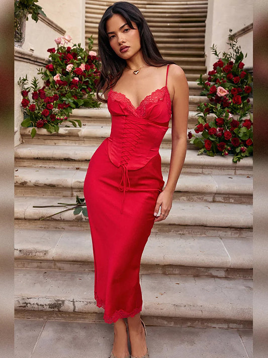 Satin Lace Spaghetti Strap Bodycon Midi Dress Rown