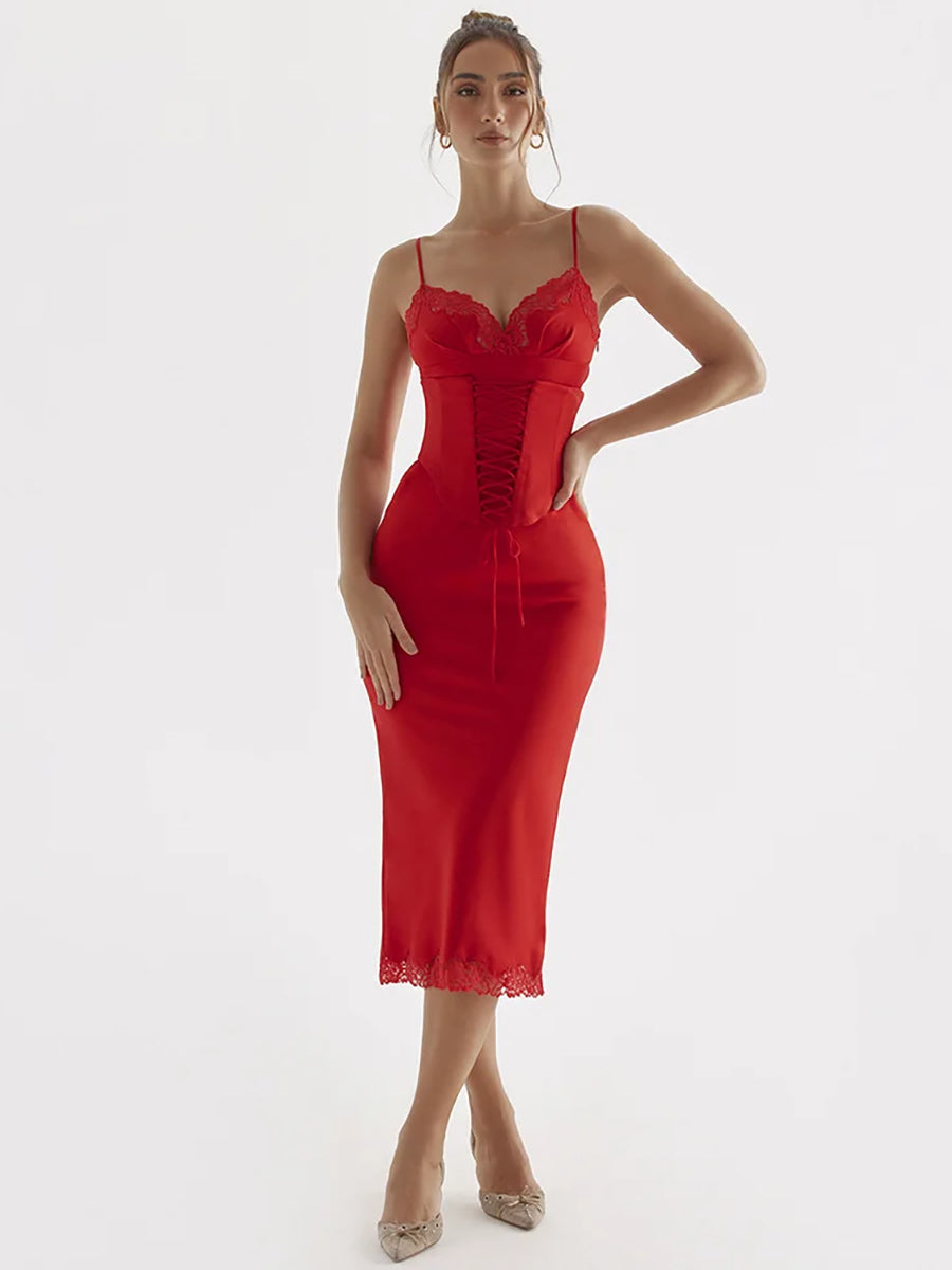 Satin Lace Spaghetti Strap Bodycon Midi Dress Rown