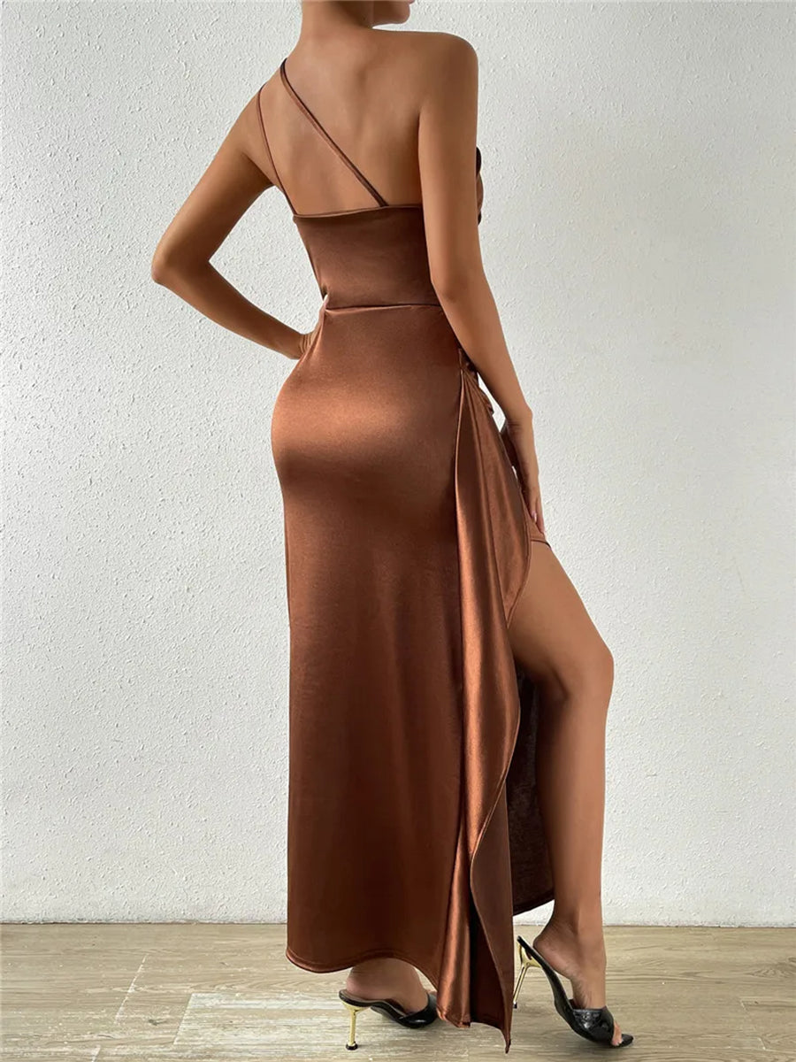 Satin Oblique Shoulder Thigh High Split Maxi Dress Rown