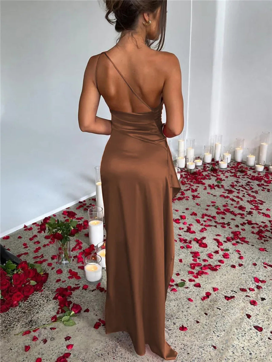 Satin Oblique Shoulder Thigh High Split Maxi Dress Rown