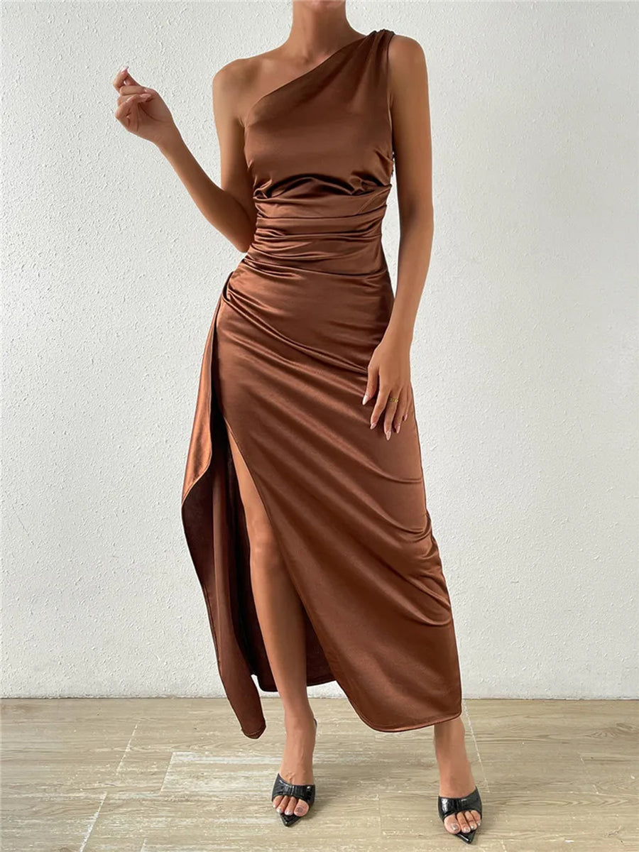 Satin Oblique Shoulder Thigh High Split Maxi Dress Rown