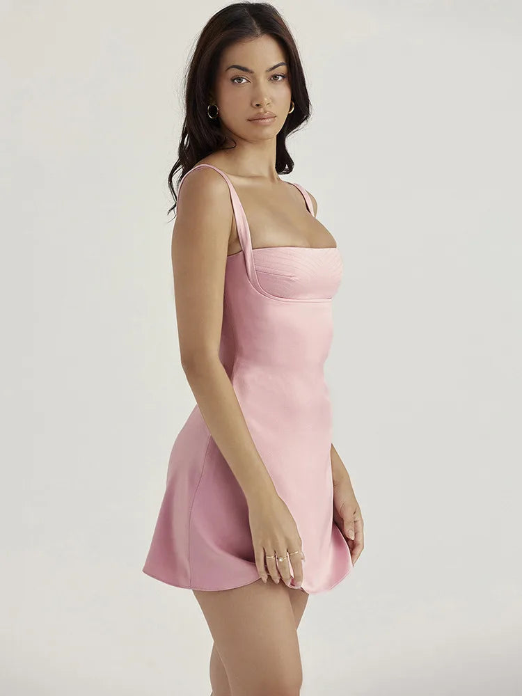 Satin Spaghetti Strap Backless Bodycon Mini Dress Rown