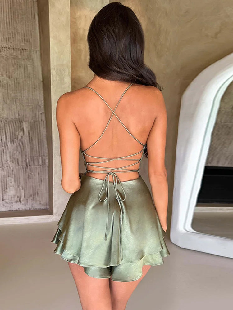 Satin Spaghetti Strap Backless Lace-up Mini Dress Rown