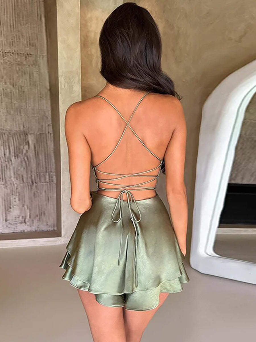 Satin Spaghetti Strap Backless Lace-up Mini Dress Rown