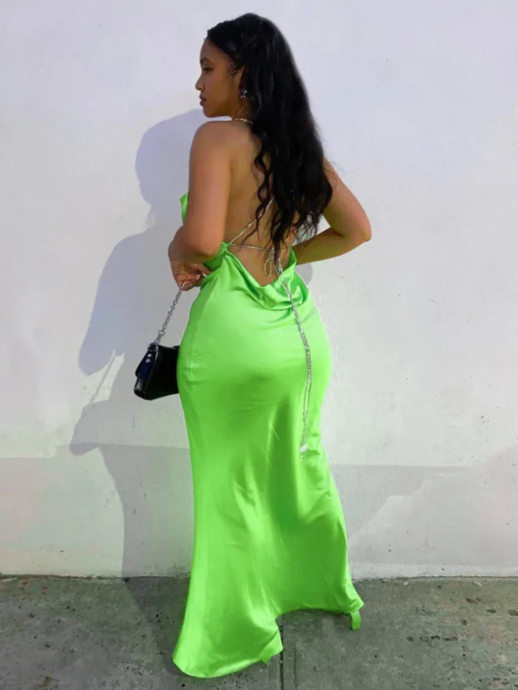 Satin Spaghetti Strap Backless Maxi Dress Rown