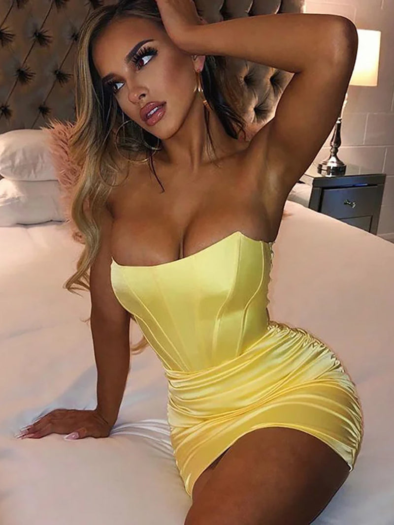 Satin Strapless Ruched Bodycon Mini Dresses Rown