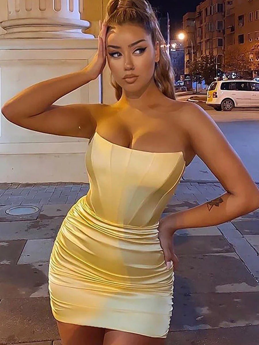 Satin Strapless Ruched Bodycon Mini Dresses Rown