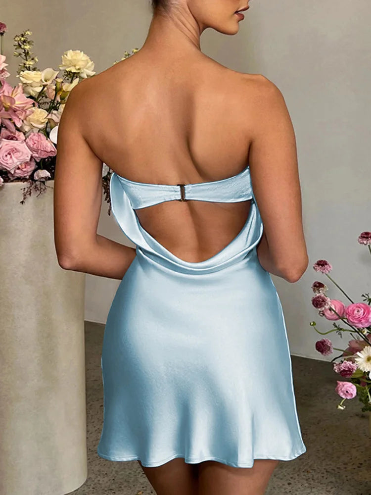 Satin Strapless Sleeveless Bodycon Backless Mini Dress Rown