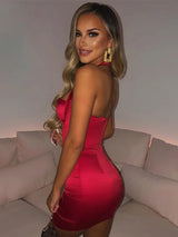 Satin Backless Sleeveless Bodycon Mini Dress - Rown