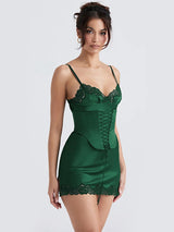 Satin Lace Spaghetti Strap Lace-up Bodycon Mini Dress - Rown