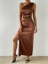 Satin Oblique Shoulder Thigh High Split Maxi Dress - Rown