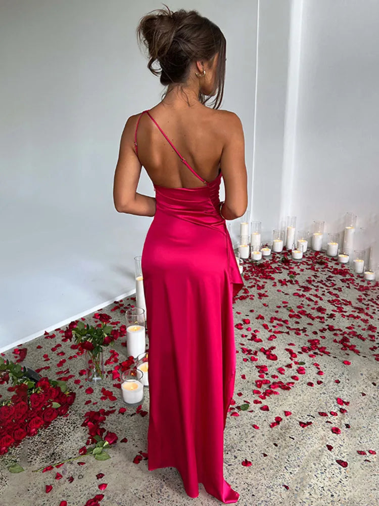 Satin One Shoulder Backless High Split Maxi Dress - Rown