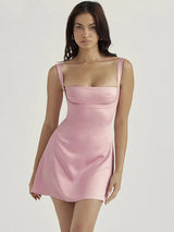 Satin Spaghetti Strap Backless Bodycon Mini Dress - Rown