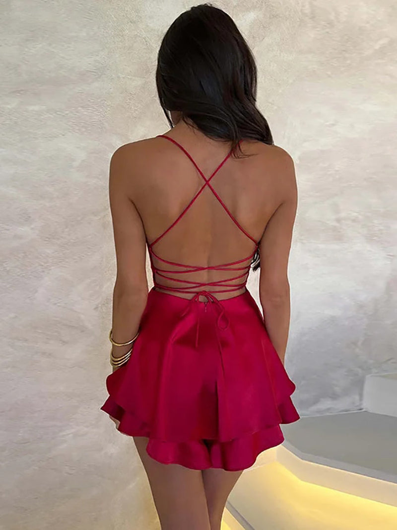 Satin Spaghetti Strap Backless Lace-up Mini Dress - Rown