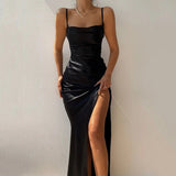 Satin Spaghetti Strap Side Slit Backless Maxi Dress - Rown