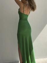 Satin Spaghetti Strap Side Slit Backless Maxi Dress - Rown