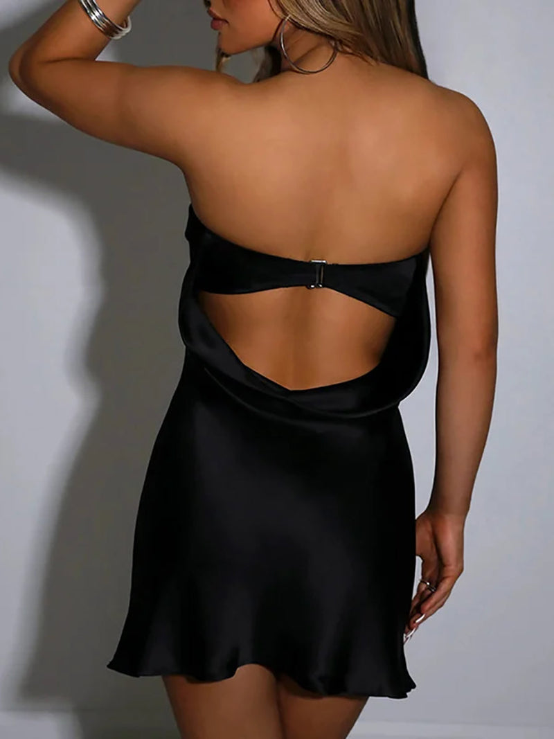 Satin Strapless Sleeveless Bodycon Backless Mini Dress - Rown