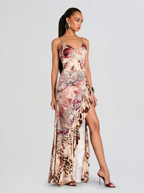 Print Backless Sleeveless Camisole Slim Fit Thigh Slit Lace Maxi Dress