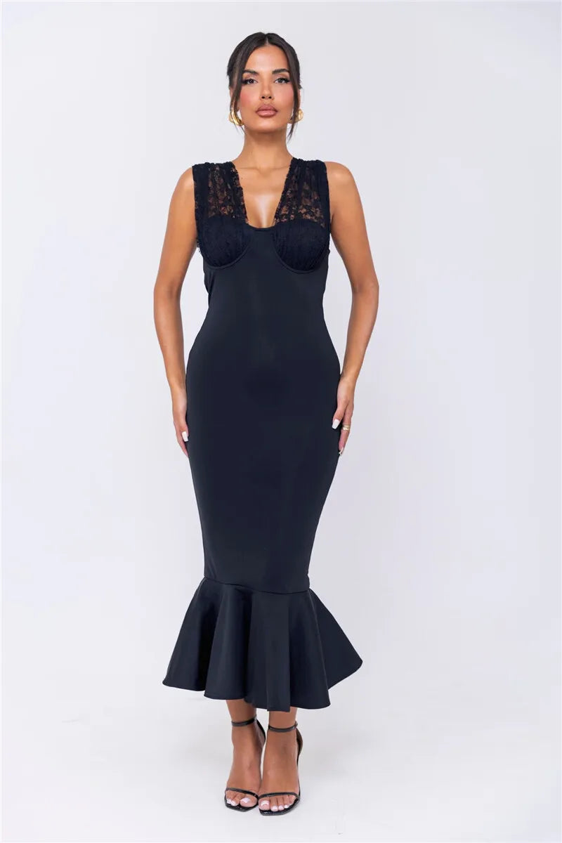 Sleeveless Fishtail Halter Deep V Neck Backless Maxi Dress