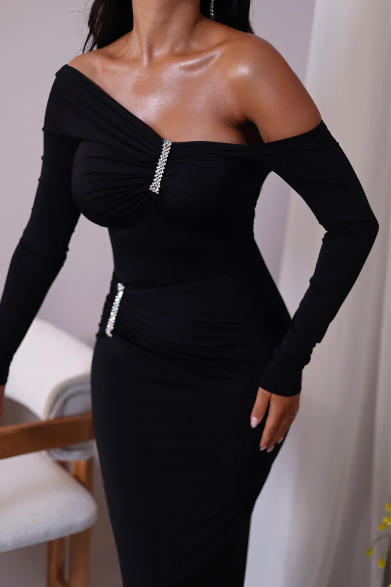 Diagonal Collar Long Sleeve Sparkle Backless Ruched Maxi Dress