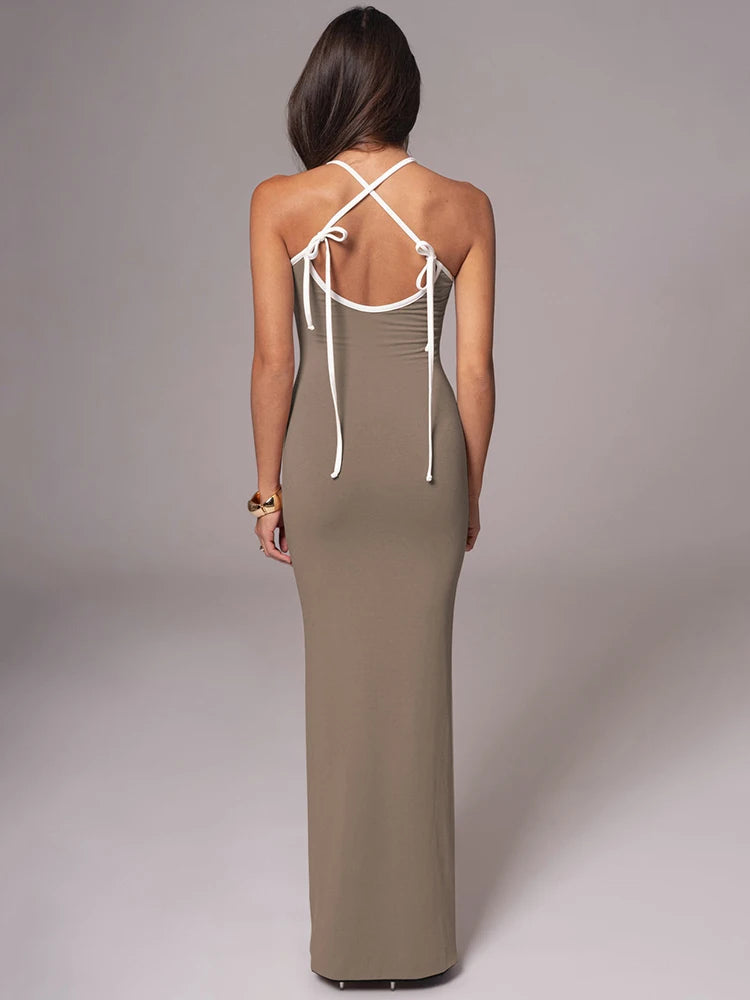 Spaghetti Strap Lace-up Sleeveless Backless Bodycon Evening Maxi Dress Seroun