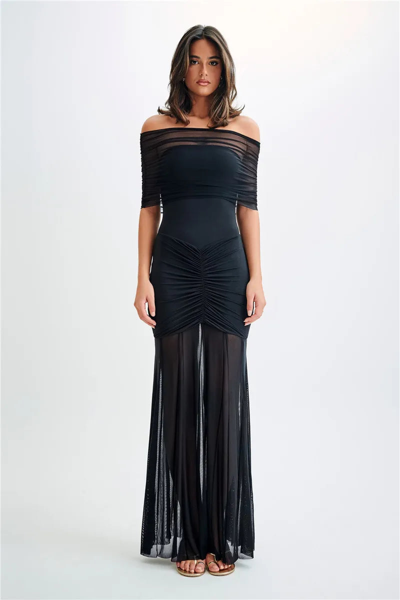 Off-shoulder Backless Mesh Strapless Sleeveless Maxi Dress