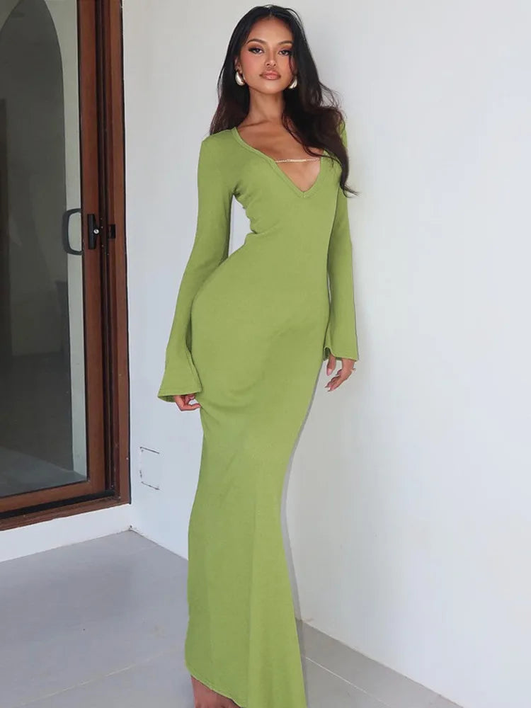 V Neck Long Sleeve Green Slim Fit Fishtail Maxi Dress