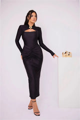 Hollow Out Long Sleeve Metal Buckle Ruched Slit Maxi Dress