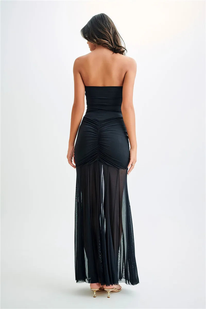 Off-shoulder Backless Mesh Strapless Sleeveless Maxi Dress Seroun