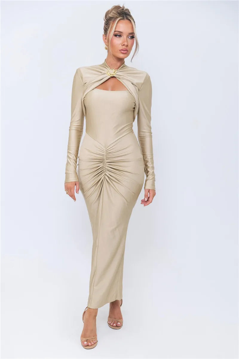 Hollow Out Long Sleeve Metal Buckle Ruched Slit Maxi Dress