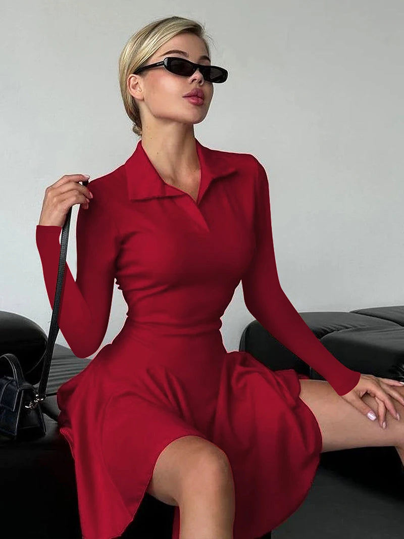 Long Sleeve Pleated Lapel High Waist Knitted Sweater Mini Dress Seroun