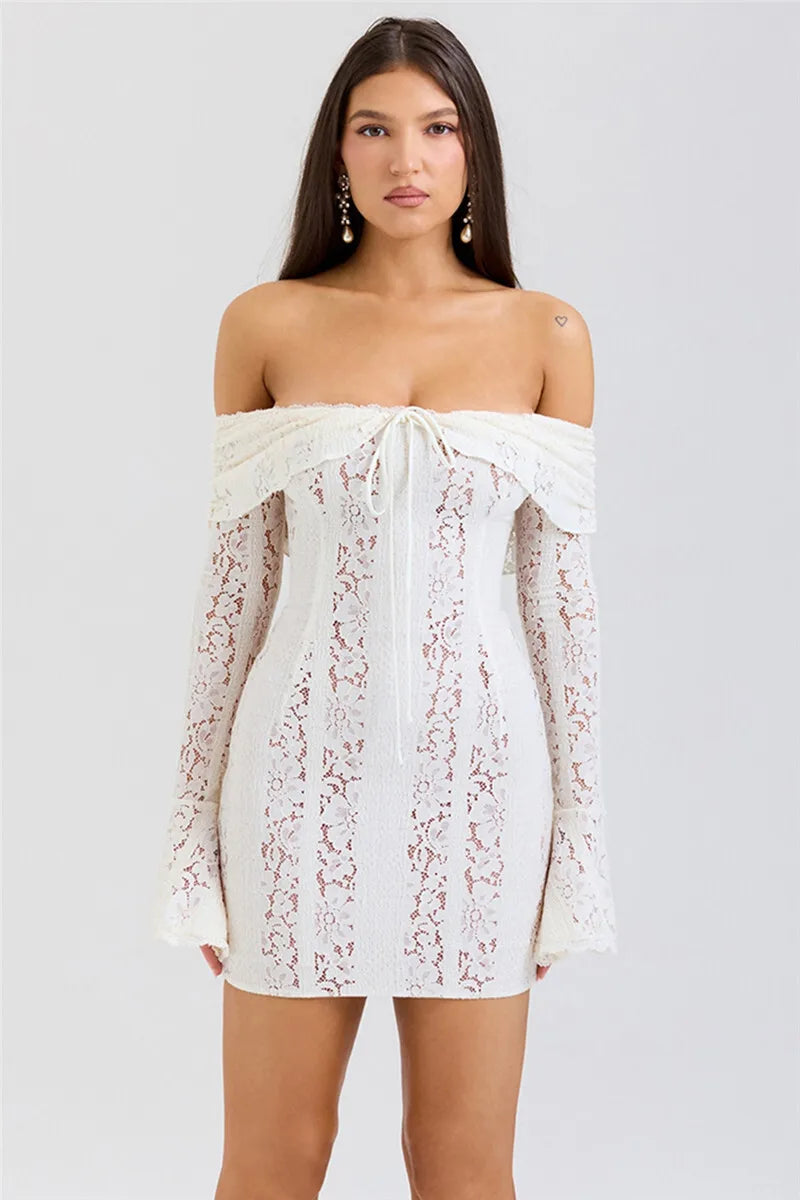 Off-shoulder Lace White Strapless Long Sleeve Backless Mini Dress