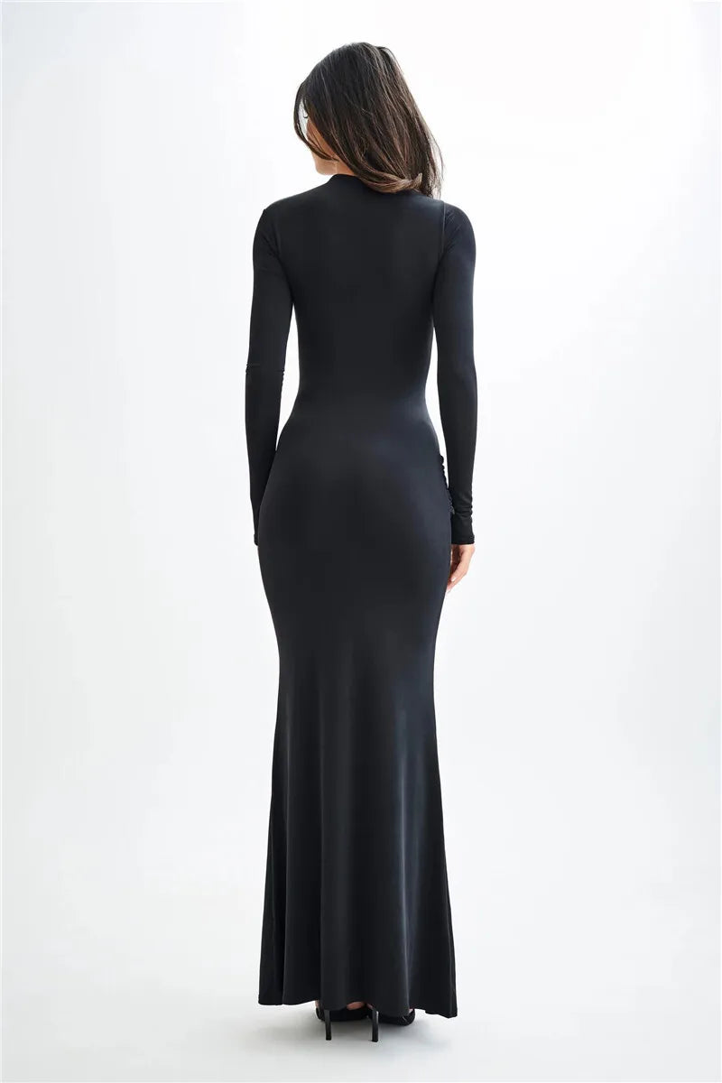 Diagonal Collar Long Sleeve Solid High Waist Ruched Bodycon Maxi Dress Seroun