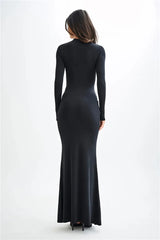 Diagonal Collar Long Sleeve Solid High Waist Ruched Bodycon Maxi Dress