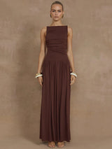 Elegant Sleeveless Solid Boat Neck Tank Ruched Maxi Dress