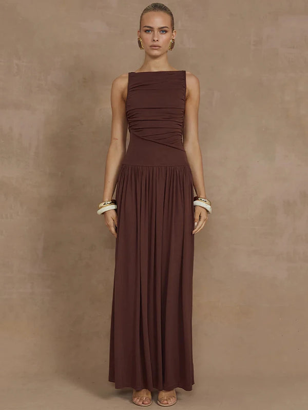 Elegant Sleeveless Solid Boat Neck Tank Ruched Maxi Dress