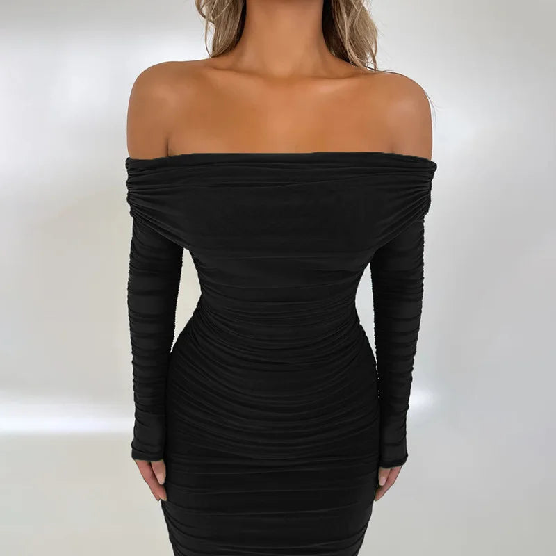 Off-shoulder Long Sleeve Strapless Backless Ruched Maxi Dress