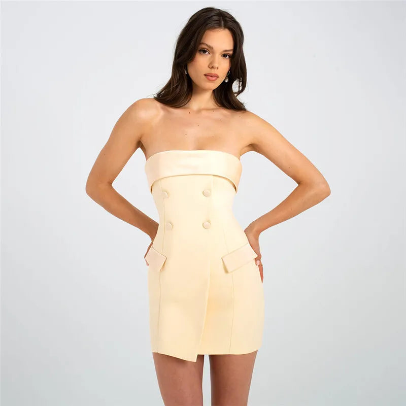 Off-shoulder Strapless Two Pocket Backless Slim Mini Dress