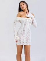 Off-shoulder Lace White Strapless Long Sleeve Backless Mini Dress