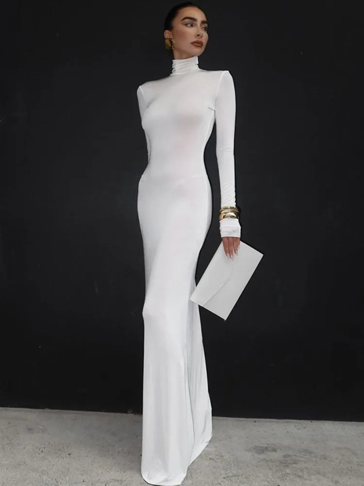 Elegant Turtleneck Long Sleeve Solid Floor-length Maxi Dress Seroun