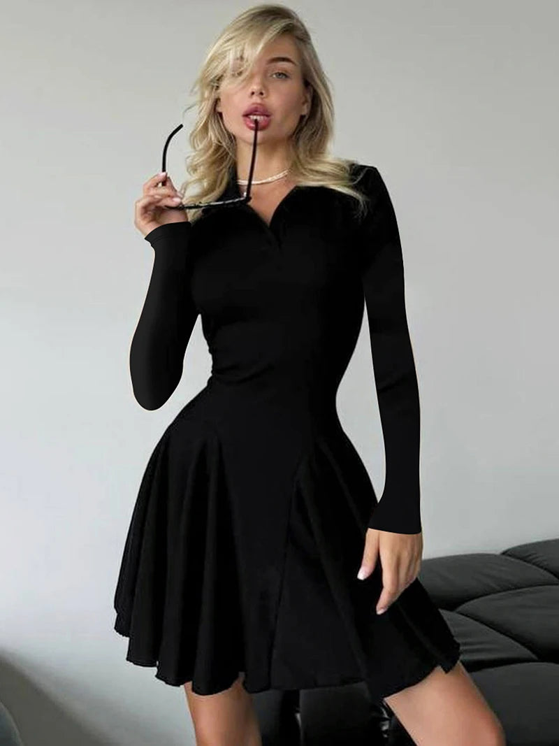 Long Sleeve Pleated Lapel High Waist Knitted Sweater Mini Dress Seroun