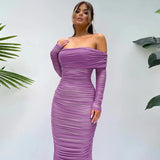 Off-shoulder Long Sleeve Strapless Backless Ruched Maxi Dress