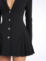 Black Blazer V Neck Single-breasted Long Sleeve High Waist Pleated Mini Dress