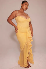 Ruffled Draped Ruched Yellow Spaghetti Strap Sleeveless Backless Maxi Dress