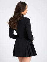 Black Blazer V Neck Single-breasted Long Sleeve High Waist Pleated Mini Dress