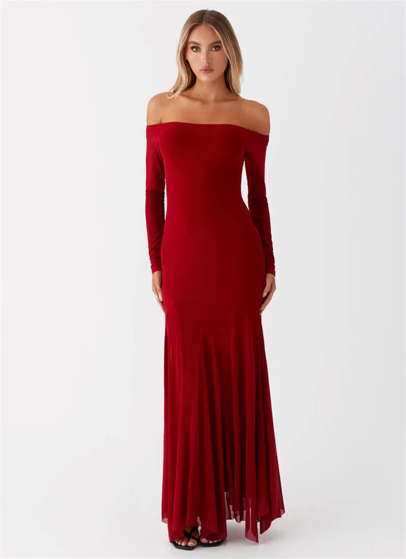 Off-shoulder Long Sleeve Strapless Backless Pleated Maxi Dress